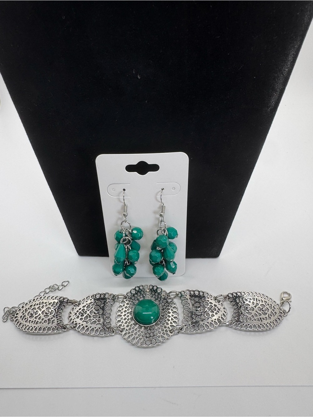 Green Drop Earrings and Matching Silver and green bracelet.